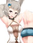  animal_ears arms_up ass back blush detached_sleeves erune granblue_fantasy grey_hair looking_at_viewer mizuyan open_mouth short_hair shorts silver_eyes solo sutera_(granblue_fantasy) 