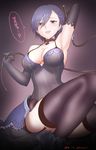  2016 :d arm_up black_eyes black_hair breasts cattleya_(gothic_wa_mahou_otome) cleavage dated gothic_wa_mahou_otome hand_behind_head holding looking_at_viewer medium_breasts open_mouth short_hair smile solo translated whip yamamoto_arifred 