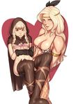  2girls abs amazon_(dragon&#039;s_crown) amazon_(dragon's_crown) armlet armor armored_bikini bikini_armor black_gloves blonde_hair blue_eyes boots bottomless bow bowtie braid breasts brown_eyes carrying circlet cleavage cloak dragon&#039;s_crown dragon's_crown elf elf_(dragon&#039;s_crown) elf_(dragon's_crown) erect_nipples feathers gloves hair_feathers heart heart_background highres hood john_doe lips looking_at_viewer multiple_girls muscle muscular_female naked_cape navel no_panties nose pointy_ears princess_carry ribbon skindentation small_breasts tattoo thigh_boots thighhighs twin_braids yuri 