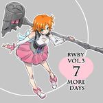  blush_stickers breasts cleavage cleavage_cutout countdown fingerless_gloves full_body gloves green_eyes highres iesupa medium_breasts nora_valkyrie orange_hair over_shoulder rwby short_hair skirt smile solo warhammer weapon weapon_over_shoulder 
