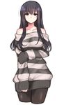  bare_shoulders black_eyes black_hair black_legwear breasts closed_mouth collarbone cropped_legs expressionless half-closed_eyes large_breasts long_hair long_sleeves looking_at_viewer original pantyhose simple_background sleeves_past_wrists solo standing striped striped_sweater sweater white_background yagi_(ningen) 