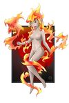  1girl :d absurdres breasts clenched_hand fiery_hair fire flame full_body grey_skin highres mon-musu_quest! monster_girl no_nipples no_pussy nude open_mouth pointy_ears red_eyes salamander_(mon-musu_quest!) signature smile solo tattoo thundragon 