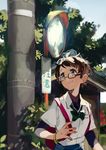  :3 androgynous backpack bag beads black-framed_eyewear bow bracelet brown_eyes brown_hair building collared_shirt glasses holding_strap jewelry layered_clothing linaria_(ookinahitomi) looking_away looking_to_the_side mirror neck_ribbon original outdoors pleated_skirt ribbon school_uniform shirt short_hair short_sleeves sign skirt smile solo sunlight telephone_pole traffic_mirror tree very_short_hair walking white_shirt 