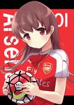  arsenal_fc ball brown_eyes brown_hair england english highres holding holding_ball kantai_collection long_hair looking_at_viewer ooi_(kantai_collection) premier_league smile soccer soccer_uniform solo soramuko sportswear upper_body 