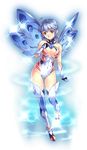  bare_shoulders blue_hair boots breasts brown_eyes ceilia_(sennen_sensou_aigis) center_opening cleavage fairy fairy_wings full_body gloves hand_on_own_chest leotard looking_at_viewer medium_breasts official_art sennen_sensou_aigis skin_tight solo thigh_boots thighhighs transparent_background uchiu_kazuma wings 