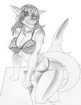  anthro autumm_airwave bikini breasts clothing ear_piercing erect_nipples female fish grin hair jewelry looking_at_viewer marine monochrome necklace nipples piercing shark solo swimsuit teeth thick_thighs underwear water 