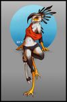  abstract_background anthro avian bare_shoulder beak bent_back bird black_feathers breasts chest_tuft clothed clothing digital_media_(artwork) eye_contact feathers female leaning leaning_back lolzguy looking_at_viewer panties partially_clothed pinup pose secretary_bird side_boob skimpy smile solo standing tail_feathers tuft two_tone_feathers underwear white_feathers 