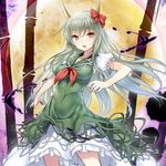  47agdragon bamboo blush bow breasts dress ex-keine full_moon green_dress green_hair horn_bow horns kamishirasawa_keine large_breasts looking_at_viewer moon open_mouth red_eyes short_sleeves smile solo touhou 