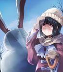  animal_ears bare_tree black_hair blue_sky bunny_ears day dress hand_on_own_forehead heiya houraisan_kaguya knit_hat long_sleeves looking_at_viewer mittens outdoors red_eyes ribbon scarf shovel sky smile snowman solo touhou tree upper_body winter 