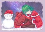  capelet elbow_gloves gloves green_eyes green_hair highres one-punch_man red_gloves saitama_(one-punch_man) santa_costume short_hair sitting snowman solo tatsumaki twt 
