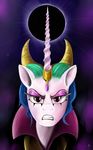  2014 abstract_background angry clothing crown equine female feral friendship_is_magic fur hair horn looking_at_viewer mammal multicolored_hair my_little_pony nightshroud princess_celestia_(idw) purple_eyes solar_eclipse solo sun white_fur winged_unicorn wings 