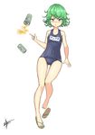  2015 bad_id bad_pixiv_id blush covered_navel dated full_body gogongzid green_eyes green_hair highres one-piece_swimsuit one-punch_man pout sandals school_swimsuit short_hair simple_background solo swimsuit tatsumaki telekinesis white_background 