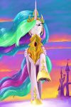  2014 armor canterlot castle cloud crown equine feathered_wings feathers female feral friendship_is_magic frown fur hair horn jewelry looking_at_viewer mammal multicolored_hair my_little_pony necklace nightshroud outside princess_celestia_(mlp) purple_eyes royalty sky solo star white_feathers white_fur winged_unicorn wings 