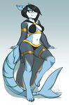  anthro black_hair breasts clothed clothing erect_nipples eyewear facial_piercing female fish glasses gradient_background hair half-closed_eyes invalid_tag kittydee marine navel nipples nose_piercing piercing shark simple_background skimpy smile solo standing stripes 