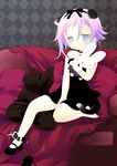  androgynous animal_ears bangs bell blue_eyes blush cat_ears cat_tail choker crona_(soul_eater) dress mary_janes no_socks pink_hair sakurazawa_izumi shoes short_hair single_shoe sitting solo soul_eater stuffed_animal stuffed_bunny stuffed_toy tail 