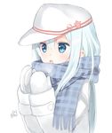  blowing_on_hands blue_eyes breath capriccio cold hammer_and_sickle hat hibiki_(kantai_collection) kantai_collection long_hair long_sleeves mittens open_mouth plaid plaid_scarf scarf silver_hair solo upper_body verniy_(kantai_collection) winter_clothes 