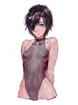  arms_behind_back bangs bare_shoulders black_hair blue_eyes breasts closed_mouth cropped_legs hair_over_one_eye halterneck hips leotard looking_at_viewer original short_hair shuichi_wada simple_background sketch small_breasts solo turtleneck white_background 