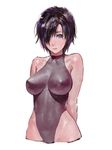  arms_behind_back black_hair blue_eyes breast_expansion breasts hair_over_one_eye highleg highleg_leotard impossible_clothes impossible_leotard large_breasts leotard looking_at_viewer original short_hair shuichi_wada sketch solo white_background 