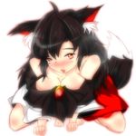  animal_ears bare_shoulders barefoot blush breasts brooch brown_hair cleavage collarbone dress highres imaizumi_kagerou jewelry large_breasts long_sleeves looking_at_viewer nose_blush open_mouth red_eyes simple_background solo tail touhou white_background wide_sleeves wolf_ears wolf_tail 