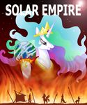  2011 angry banner crown english_text equine feathers female feral fire friendship_is_magic fur hair horn jewelry mammal melee_weapon multicolored_hair my_little_pony necklace nightshroud planet polearm princess_celestia_(mlp) purple_eyes royal_guard_(mlp) royalty sky spear star sun text weapon white_feathers white_fur winged_unicorn wings 