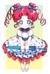  bangs bishoujo_senshi_sailor_moon blue_eyes blue_umbrella bubble_skirt chibi_chibi closed_umbrella double_bun drill_hair earrings full_body heart heart_earrings holding holding_umbrella jewelry looking_at_viewer parted_bangs polka_dot_skirt red_hair shirt shoes short_hair skirt smile solo somkko standing twin_drills umbrella white_footwear white_shirt 