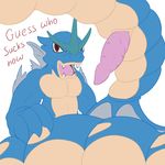  animal_genitalia anthro blue_skin coiling dragon english_text erection first_person_view genital_slit gyarados hi_res looking_at_viewer male marine naga nintendo nude open_mouth penis pok&eacute;mon posexe red_eyes reptile scalie semi-anthro simple_background slit snake solo teeth text tongue video_games white_background 