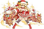  bell big_hair blonde_hair breasts candy candy_cane character_request choker christmas detached_sleeves drill_hair food frilled_skirt frills fullbokko_heroes gift hat holding jingle_bell large_breasts layered_skirt legs_apart long_hair official_art open_mouth reindeer santa_costume santa_hat shigatake simple_background skirt sleigh solo thighhighs white_background 