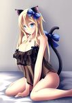  alternate_costume animal_ears artist_name babydoll between_legs bismarck_(kantai_collection) black_bow blonde_hair blue_bow blush bow breasts cat_ears cat_tail cleavage closed_mouth collarbone covered_navel frills hair_bow halterneck hand_between_legs jewelry kantai_collection kemonomimi_mode large_breasts lock long_hair mimelex nail_polish navel on_bed padlock pendant pink_lips see-through sitting sleeveless smile solo tail tail_bow wariza watermark web_address 