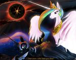  2015 armor blue_hair crown duo equine feathered_wings feathers female feral friendship_is_magic fur green_eyes hair helmet horn jewelry mammal moon multicolored_hair my_little_pony necklace nightmare_moon_(mlp) nightshroud princess_celestia_(mlp) princess_luna_(mlp) purple_eyes sky white_feathers white_fur winged_unicorn wings 