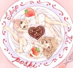  :d barefoot bloomers blush braid brown_hair child chocolate chocolate_heart cream drowsy food fork fruit heart kicham lying multiple_girls navel on_back open_mouth oversized_object pink_hair plate short_hair short_twintails smile strawberry twintails underwear 