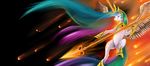  2014 abstract_background angry crown equine feathered_wings feathers female feral fire flying friendship_is_magic fur hair horn jewelry long_hair magic mammal melee_weapon meteor multicolored_hair my_little_pony necklace nightshroud polearm princess_celestia_(mlp) purple_eyes royalty solo spear weapon white_feathers white_fur winged_unicorn wings 