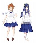  2girls :d alternate_costume antenna_hair arm_at_side artist_name bangs blouse blue_bow blue_eyes blue_hair blue_neckwear blue_skirt bow bowtie brown_footwear brown_hair buttons cardcaptor_sakura casual closed_mouth daidouji_tomoyo dated dress flower frills full_body green_eyes hair_flower hair_ornament hand_on_hip kinomoto_sakura lace-trimmed_sleeves legs_apart long_hair looking_at_viewer multiple_girls open_mouth polka_dot_blouse polka_dot_skirt psd see-through shoes short_hair short_sleeves signature simple_background skirt sleeves_folded_up smile socks standing two_side_up unbuttoned white_background white_blouse white_flower white_legwear 