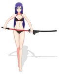  aqua_eyes aragaki_ayase bikini black_bikini holding holding_sword holding_weapon katana long_hair looking_at_viewer metal_gear_(series) metal_gear_rising:_revengeance navel northman open_mouth ore_no_imouto_ga_konna_ni_kawaii_wake_ga_nai purple_hair sheath simple_background solo swimsuit sword unsheathing weapon white_background 