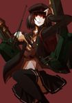  akitsu_maru_(kantai_collection) bad_id bad_pixiv_id black_hair boushi-ya gloves gun handgun hat holding holding_gun holding_weapon holster kantai_collection looking_at_viewer luger_p08 machinery military military_uniform peaked_cap pistol pleated_skirt red_eyes remodel_(kantai_collection) short_hair skirt solo turret uniform weapon white_gloves white_skin 