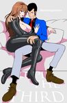  1girl arsene_lupin_iii blue_jacket breasts cleavage commentary_request highres ice_(seriousgraphics) jacket jumpsuit large_breasts lupin_iii mine_fujiko necktie red_neckwear sideburns 