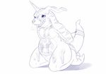  bound_tail cum cum_covered digimon digital_drawing_(artwork) digital_media_(artwork) dreiker featureless_crotch gabumon hands_behind_back horn kneeling messy open_mouth pelt scalie signature slightly_chubby solo tongue tongue_out 