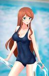  aqua_eyes breasts brown_hair character_request cleavage covered_navel gundam gundam_build_fighters highres kamiki_mirai long_hair looking_at_viewer medium_breasts northman school_swimsuit smile solo swimsuit 