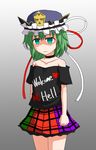  bare_shoulders choker clenched_hands clothes_writing collarbone commentary cosplay empty_eyes english expressionless green_eyes green_hair heart hecatia_lapislazuli hecatia_lapislazuli_(cosplay) highres miniskirt multicolored multicolored_clothes multicolored_skirt off-shoulder_shirt off_shoulder shaded_face shiki_eiki shirt skirt solo teoi_(good_chaos) touhou 