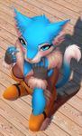  2016 anthro blue_eyes blue_fur blush boots breasts cat celeste_(artist) cleavage clothed clothing eyelashes feline female fingerless_gloves footwear fur gloves high-angle_view jumpsuit kneeling looking_at_viewer looking_up mammal multicolored_fur skinsuit solo syria tight_clothing two_tone_fur white_fur 