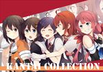  &gt;:) :d :o ;) ^_^ ahoge arashi_(kantai_collection) black_hair blue_eyes braid brown_eyes closed_eyes copyright_name girl_sandwich gloves grin hagikaze_(kantai_collection) hair_ornament hairband kantai_collection kawakaze_(kantai_collection) long_hair multiple_girls neck_ribbon one_eye_closed open_mouth purple_hair red_eyes red_hair red_ribbon ribbon sandwiched school_uniform sendai_(kantai_collection) shigure_(kantai_collection) side_ponytail smile v-shaped_eyebrows vest yukichi_(eikichi) 