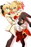  ahoge artoria_pendragon_(all) blonde_hair blush bow carrying detached_sleeves fate/apocrypha fate/grand_order fate/stay_night fate/unlimited_codes fate_(series) gloves green_eyes hair_bow mordred_(fate) mordred_(fate)_(all) multiple_girls oiun pantyhose parted_lips ponytail princess_carry red_scrunchie saber saber_lily scrunchie simple_background sleeveless strapless tubetop white_background yuri 