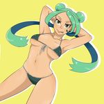  :q armpits arms_behind_head bikini breasts covered_nipples dark_skin double_bun dutch_angle eyelashes front-tie_bikini front-tie_top green_eyes green_hair highres kyriepoda long_hair medium_breasts navel original smile solo stomach swimsuit tongue tongue_out underboob yellow_background 