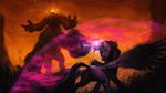  2015 animated ape assasinmonkey cutie_mark duo equine equum_amici feathered_wings feathers female friendship_is_magic fur glowing glowing_eyes hair hi_res horn magic male mammal multicolored_hair my_little_pony orange_eyes orange_theme primate purple_eyes purple_feathers purple_fur purple_hair size_difference smoke taur tears tirek_(mlp) twilight_sparkle_(mlp) two_tone_hair winged_unicorn wings 