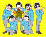  ;) black_hair blush brown_eyes cross_eyed formal heart heart_in_mouth kneeling leg_up looking_at_viewer male_focus matsuno_choromatsu matsuno_ichimatsu matsuno_juushimatsu matsuno_karamatsu matsuno_osomatsu matsuno_todomatsu mpkxx multiple_boys one_eye_closed one_knee osomatsu-kun osomatsu-san polka_dot polka_dot_background sextuplets siblings smile sparkle standing standing_on_one_leg star star_hands string suit sunglasses yellow_background 