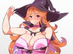  bare_shoulders breasts brown_hair choker cleavage frown gradient gradient_background hat highres large_breasts long_hair pink_background poko_chin red_eyes solo white_background witch_hat 