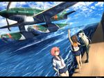  :t aircraft airplane barefoot blonde_hair brown_hair canopy cloud cockpit collarbone commentary_request day deck dutch_angle hat highres i-401_(kantai_collection) i-58_(kantai_collection) kantai_collection karo-chan letterboxed long_hair m6a_seiran military military_vehicle multiple_girls one-piece_swimsuit pink_hair pout propeller school_swimsuit seaplane ship short_hair side_ponytail sky swimsuit u-511_(kantai_collection) uniform warship water watercraft waving 