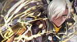  animal_ears armor blue_eyes blurry cape closed_mouth depth_of_field electricity erune eustace_(granblue_fantasy) gloves glowing granblue_fantasy hair_over_one_eye holding holding_weapon light_smile looking_at_viewer male_focus nagi_fe3 solo upper_body weapon white_hair 