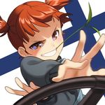  bad_id bad_pixiv_id bangs blunt_bangs blush brown_eyes brown_hair driving finland girls_und_panzer keizoku_military_uniform long_sleeves looking_at_viewer mikko_(girls_und_panzer) military military_uniform mouth_hold pairan smile solo stalk_in_mouth steering_wheel twintails two_side_up uniform 