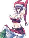  armpits arms_up belt black_legwear breasts cleavage constricted_pupils cowboy_shot crop_top elbow_gloves embarrassed eyeliner eyeshadow fang gloves hair_between_eyes hat hips jewelry large_breasts looking_at_viewer makeup mirror navel necklace oo_gata_ken pantyhose pine_tree purple_hair red_eyes red_gloves santa_costume santa_gloves santa_hat shirt short_hair sidelocks simple_background skirt skirt_lift slit_pupils solo taut_clothes taut_shirt teeth thighs toned tongue touhou tree white_background yasaka_kanako 