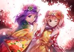  apron floral_print flower_wreath head_wreath hieda_no_akyuu highres japanese_clothes kimono long_sleeves looking_at_viewer looking_back motoori_kosuzu multiple_girls one_eye_closed purple_eyes purple_hair red_eyes red_hair smile touhou uu_uu_zan wide_sleeves 